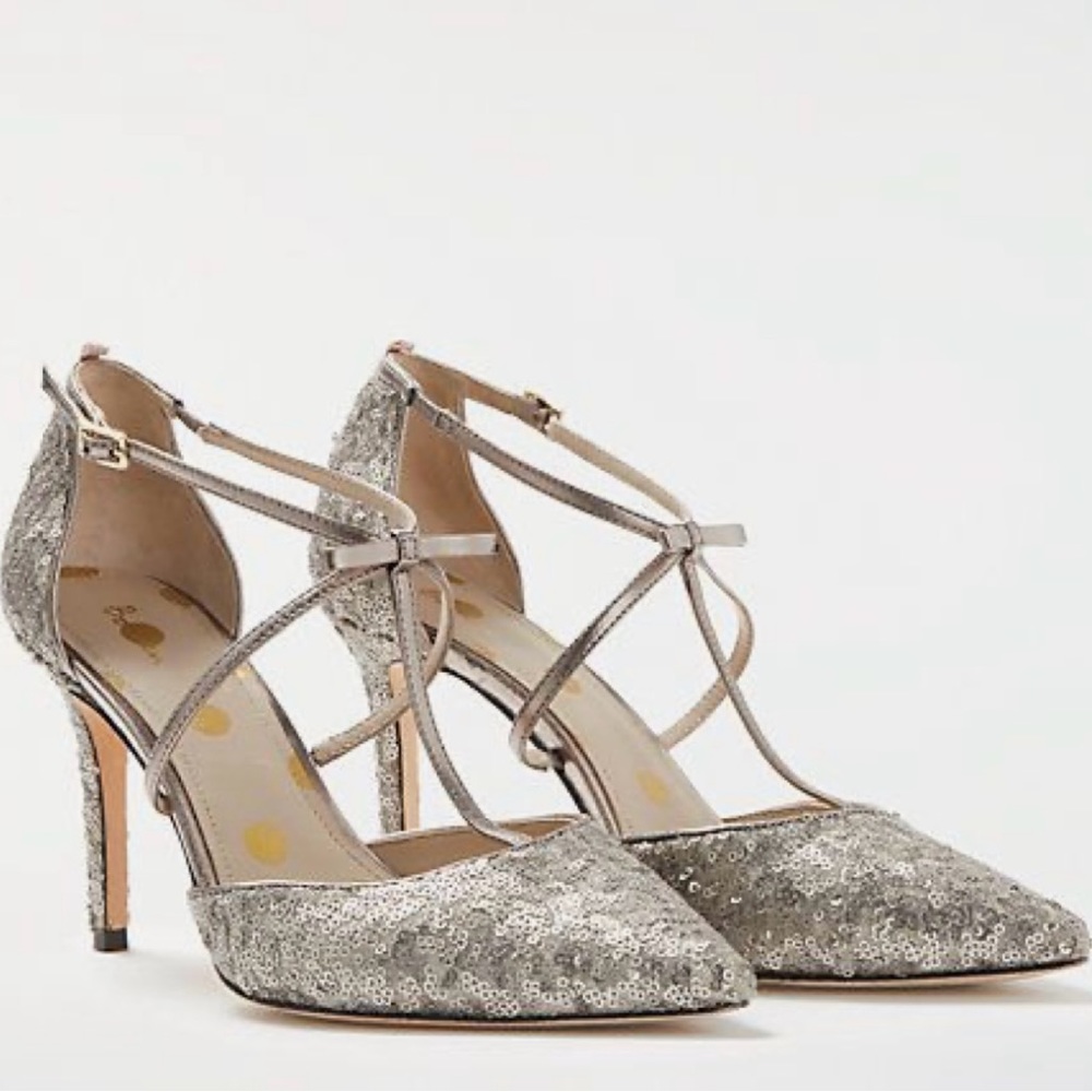 NWOT Boden Jennifer silver sequin T-strap heels...